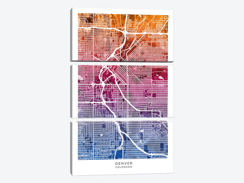 Denver Map Bluepink by Michael Tompsett 3-piece Canvas Artwork