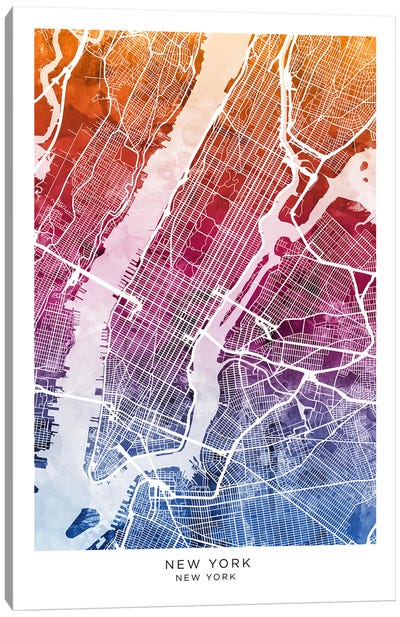 New York Map Bluepink Canvas Art Print - New York City Map