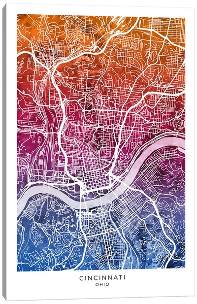 Cincinnati Map Bluepink Canvas Art Print - Cincinnati Art
