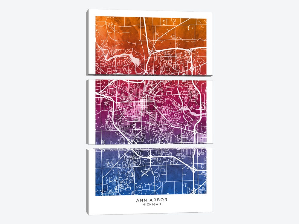 Ann Arbor Map Bluepink by Michael Tompsett 3-piece Canvas Print