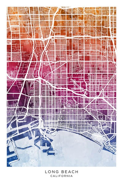 Long Beach Map Bluepink by Michael Tompsett framed canvas print