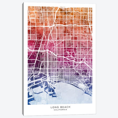 Long Beach Map Bluepink Canvas Print #MTO3558} by Michael Tompsett Canvas Art Print