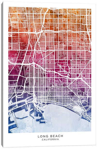 Long Beach Map Bluepink Canvas Art Print