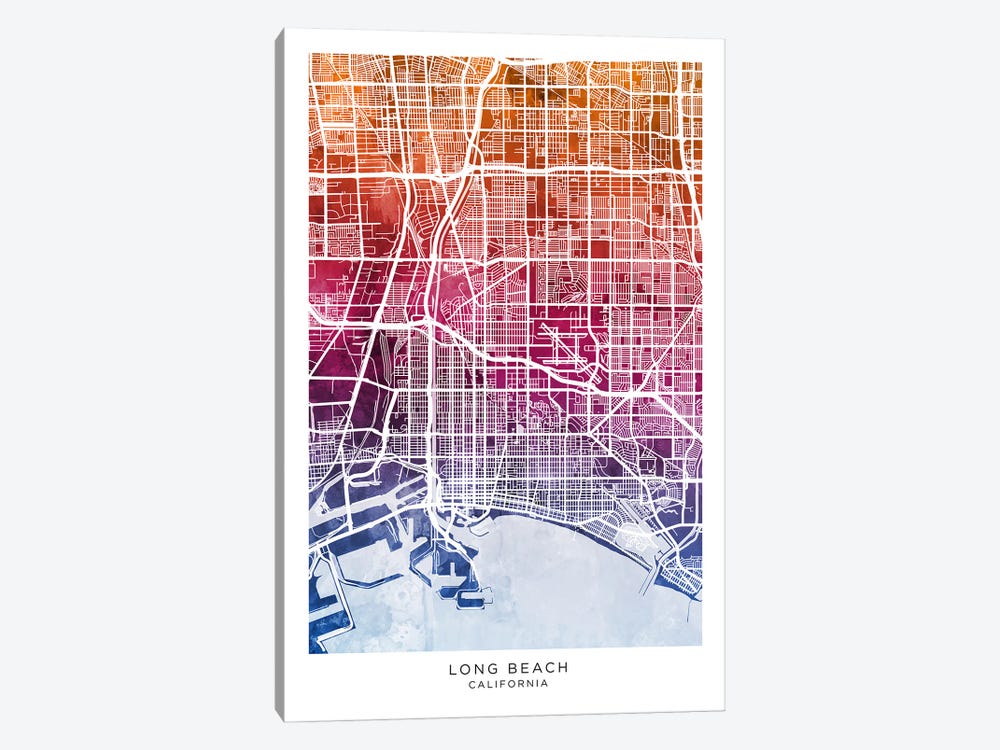 Long Beach Map Bluepink by Michael Tompsett 1-piece Canvas Art