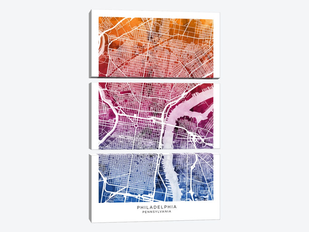 Philadelphia Map Bluepink by Michael Tompsett 3-piece Canvas Art Print