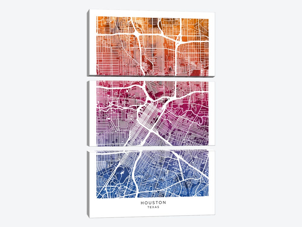 Houston Map Bluepink by Michael Tompsett 3-piece Canvas Art