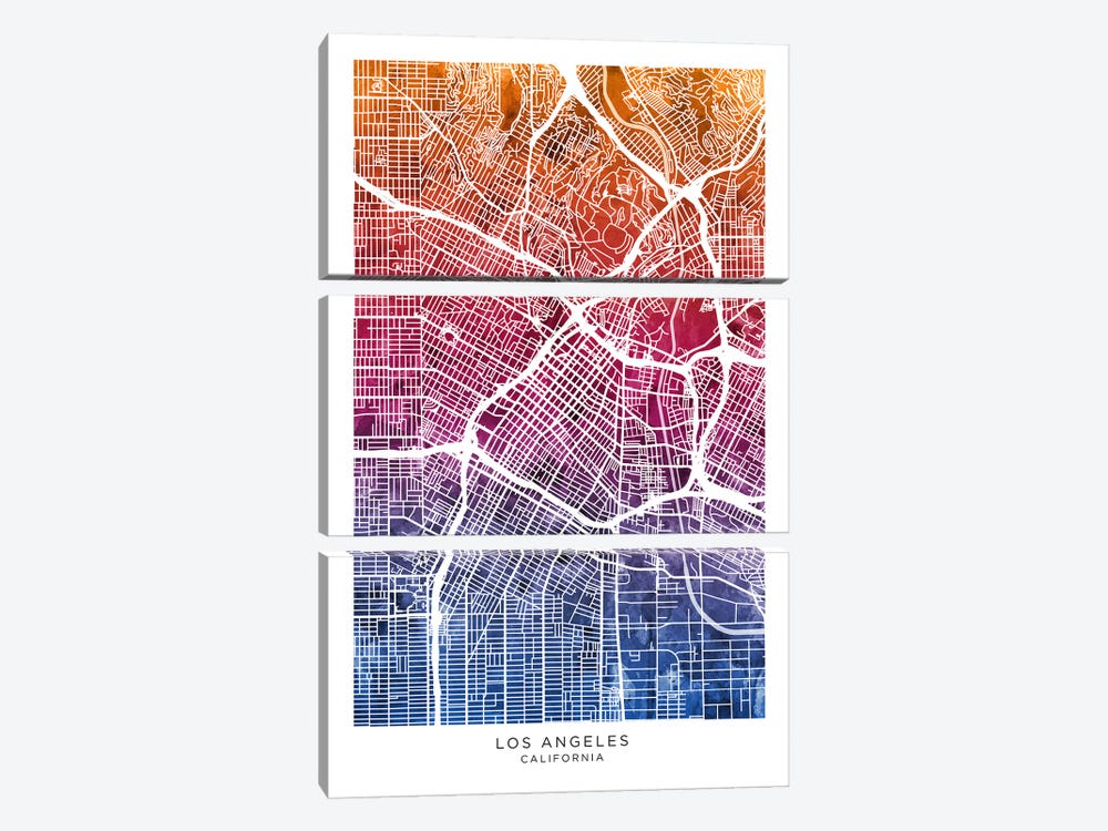 Los Angeles Map Bluepink by Michael Tompsett 3-piece Canvas Art Print