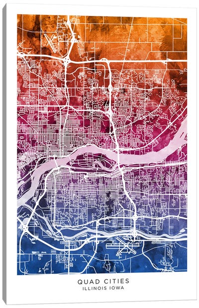 Quad Cities Map Bluepink Canvas Art Print - Iowa Art