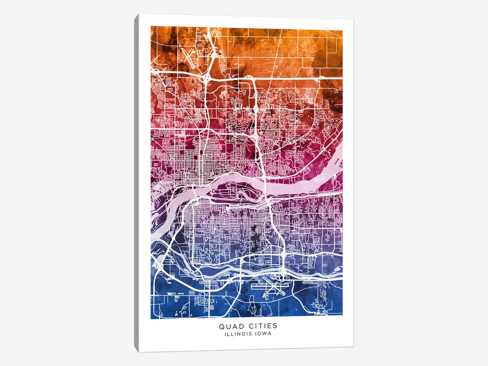 Quad Cities Map Bluepink by Michael Tompsett 1-piece Canvas Wall Art