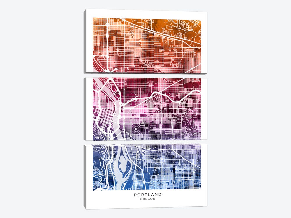 Portland Map Bluepink by Michael Tompsett 3-piece Canvas Art Print