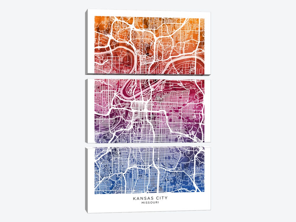 Kansas City Map Bluepink by Michael Tompsett 3-piece Art Print