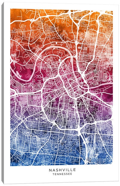 Nashville Map Bluepink Canvas Art Print - Nashville Maps