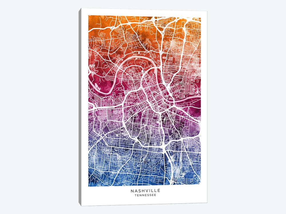 Nashville Map Bluepink by Michael Tompsett 1-piece Canvas Artwork