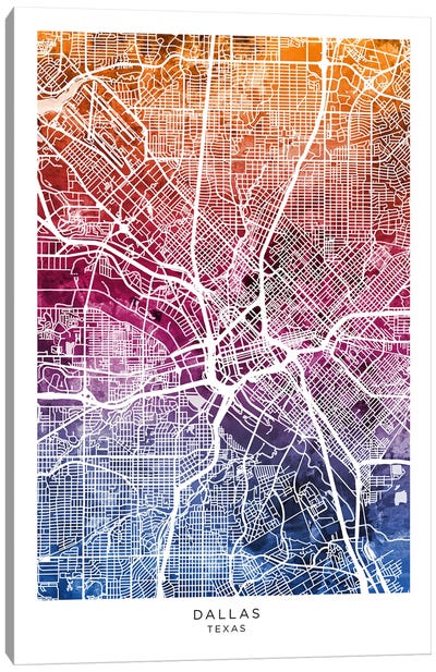 Dallas Texas Map Bluepink Canvas Art Print - Dallas Art