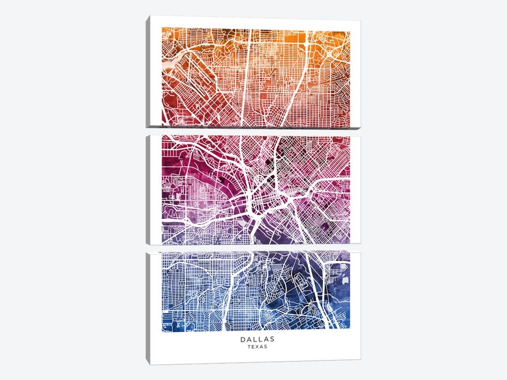 Dallas Texas Map Bluepink by Michael Tompsett 3-piece Canvas Print