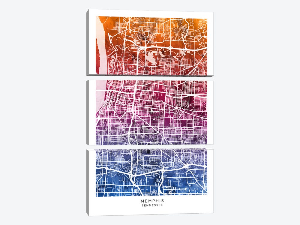 Memphis Map Bluepink by Michael Tompsett 3-piece Canvas Art Print