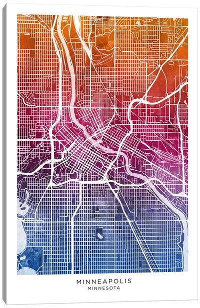 Minneapolis Map Bluepink Canvas Art Print - Minnesota Art