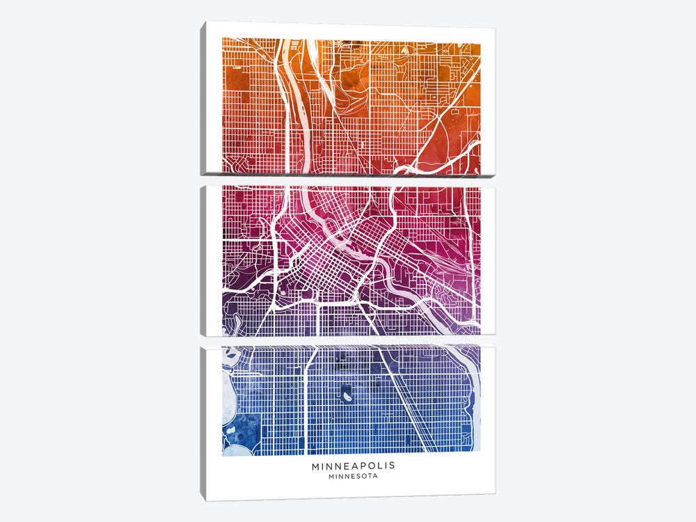 Minneapolis Map Bluepink by Michael Tompsett 3-piece Canvas Art