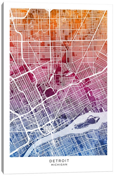 Detroit Map Bluepink Canvas Art Print - Michigan Art