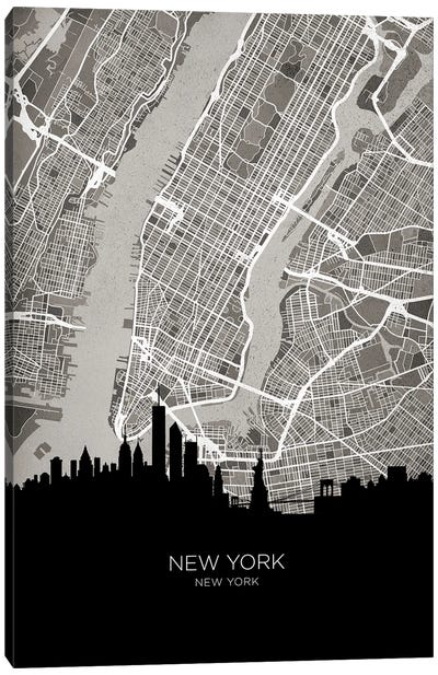 New York City Skyline Map B&W Canvas Art Print - New York City Map