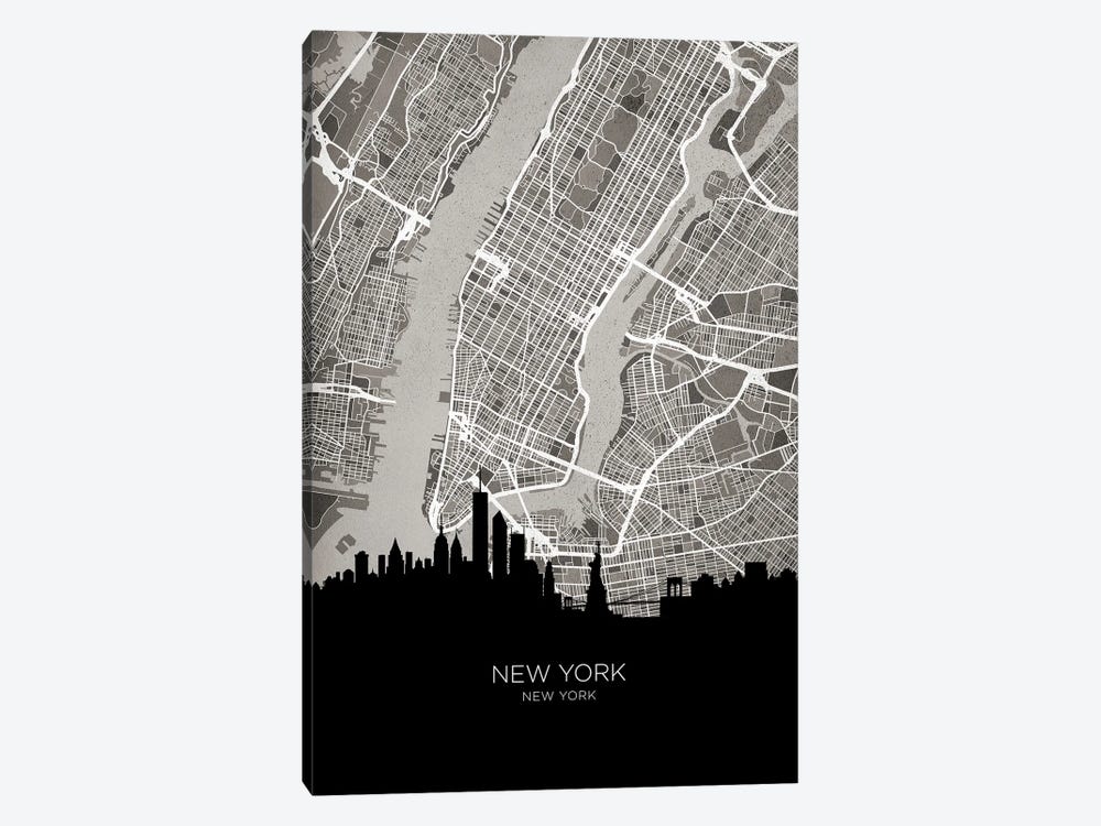 New York City Skyline Map B&W by Michael Tompsett 1-piece Canvas Art Print