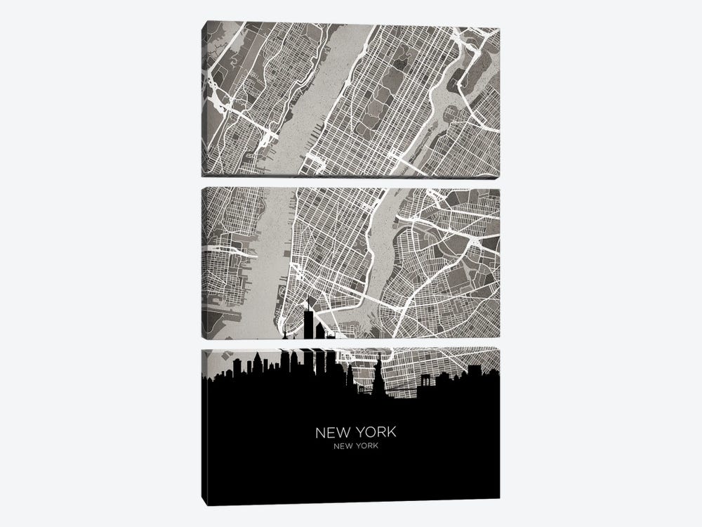 New York City Skyline Map B&W by Michael Tompsett 3-piece Canvas Art Print