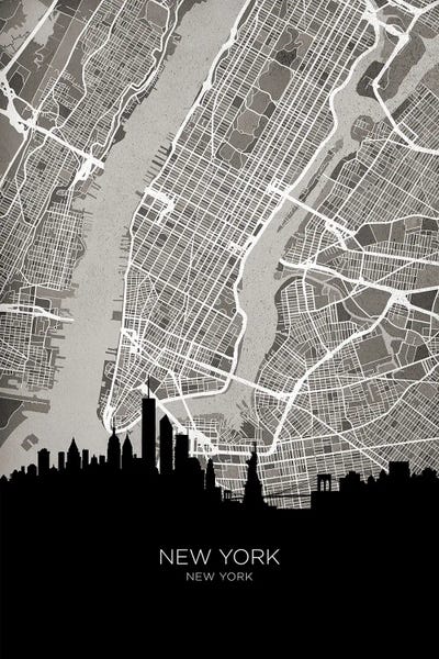 Canvas Print: New York City Skyline Map B&W by Michael Tompsett