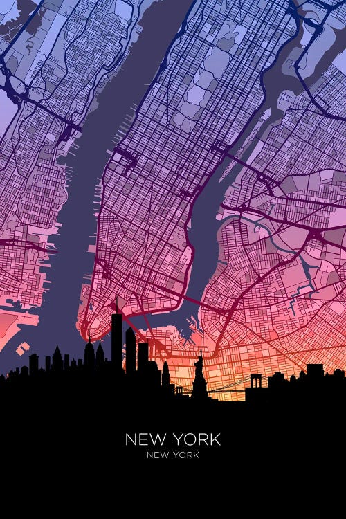 New York City Skyline Map Sunset