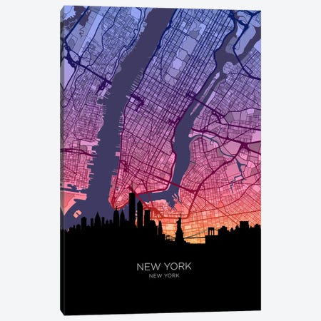 New York City Skyline Map Sunset Canvas Print #MTO3639} by Michael Tompsett Canvas Artwork