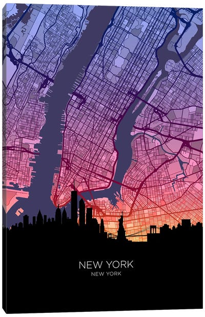 New York City Skyline Map Sunset Canvas Art Print - New York City Map