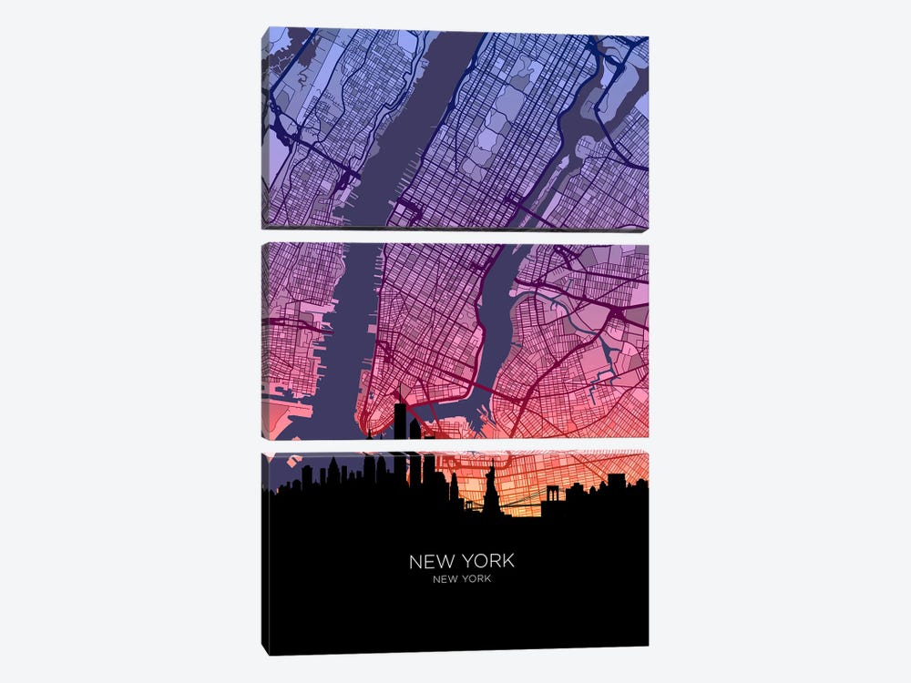New York City Skyline Map Sunset by Michael Tompsett 3-piece Art Print