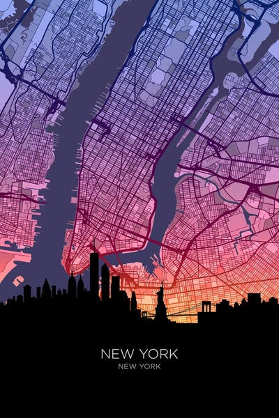 New York City Maps: New York City Skyline Map Sunset by Michael Tompsett