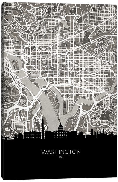 Washington Skyline Map B&W Canvas Art Print - Washington DC Skylines