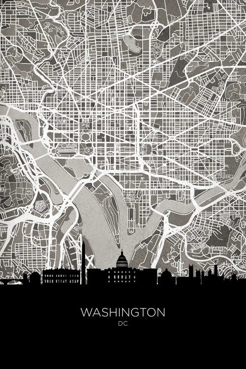 Washington Skyline Map B&W by Michael Tompsett wall art