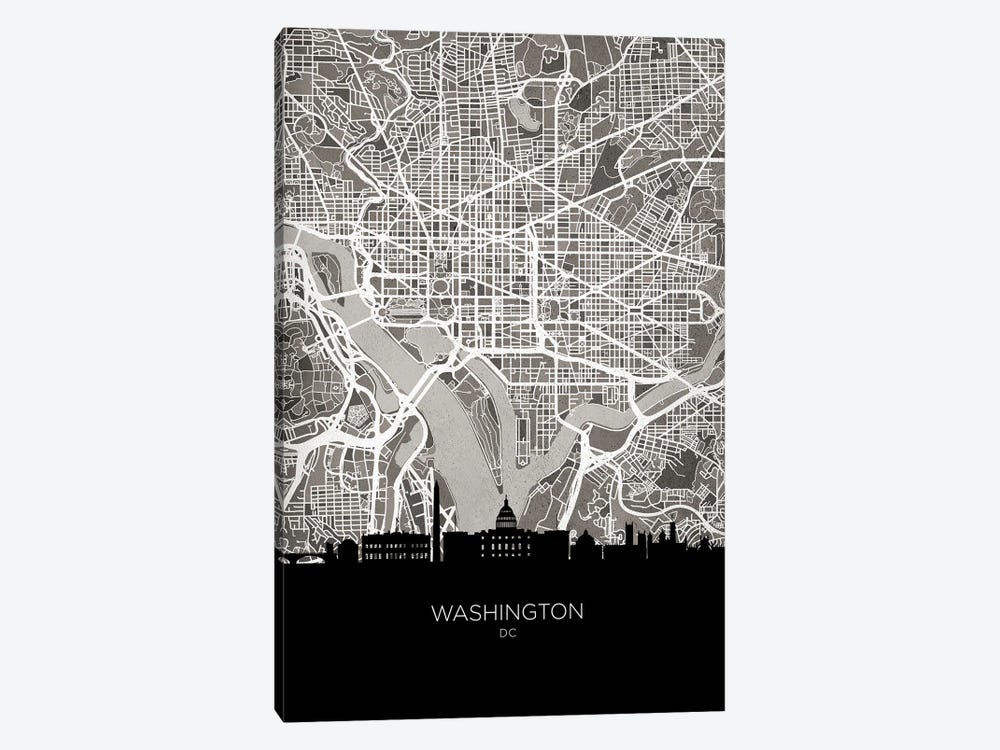 Washington Skyline Map B&W by Michael Tompsett 1-piece Canvas Wall Art
