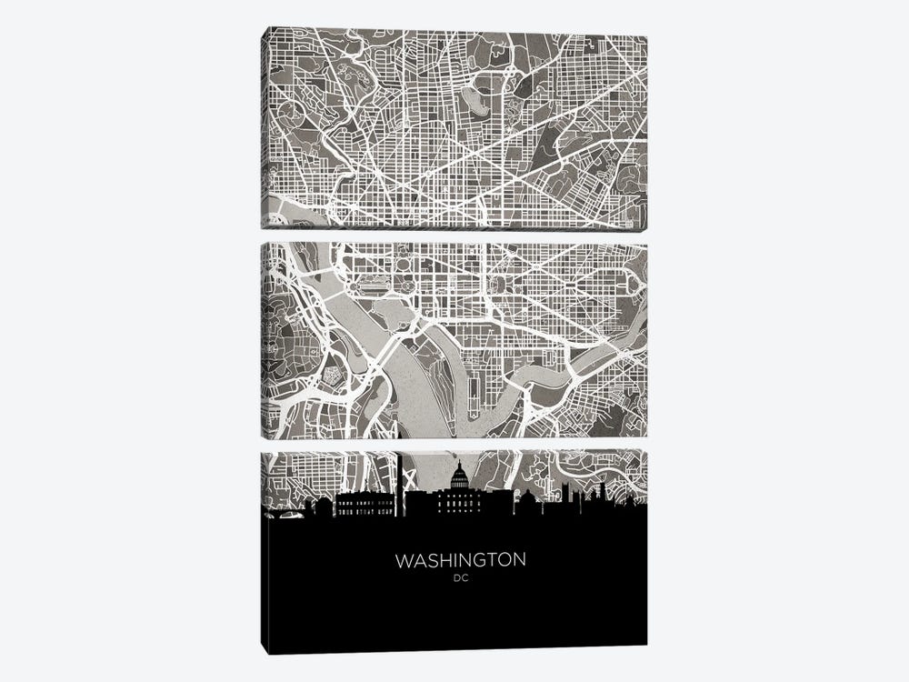 Washington Skyline Map B&W by Michael Tompsett 3-piece Canvas Art