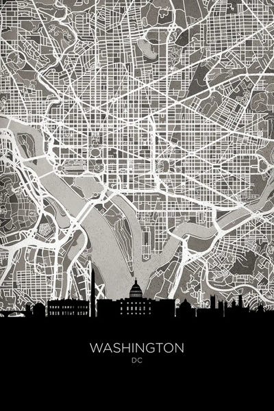 Washington, D.C. Maps: Washington Skyline Map B&W by Michael Tompsett