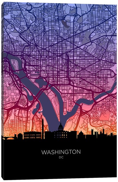 Washington Skyline Map Sunset Canvas Art Print - Washington DC Skylines