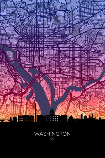 Washington, D.C. Maps: Washington Skyline Map Sunset by Michael Tompsett
