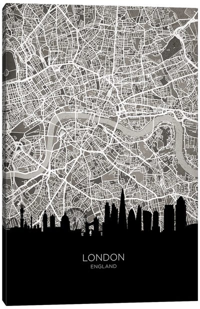 London Skyline Map B&W Canvas Art Print - London Maps