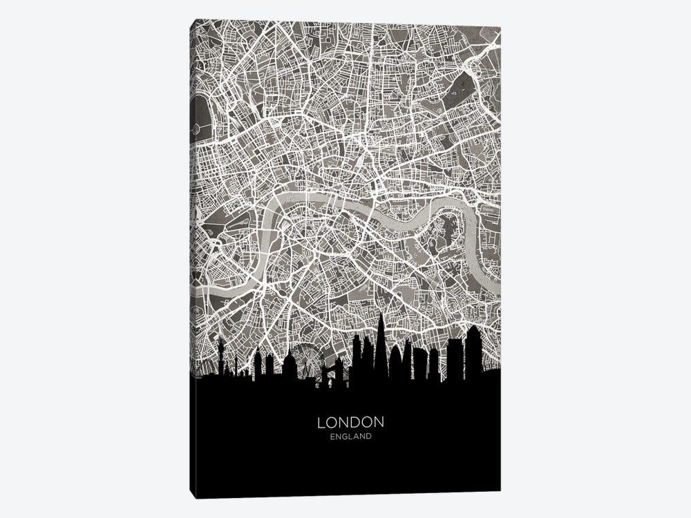 London Skyline Map B&W by Michael Tompsett 1-piece Canvas Wall Art
