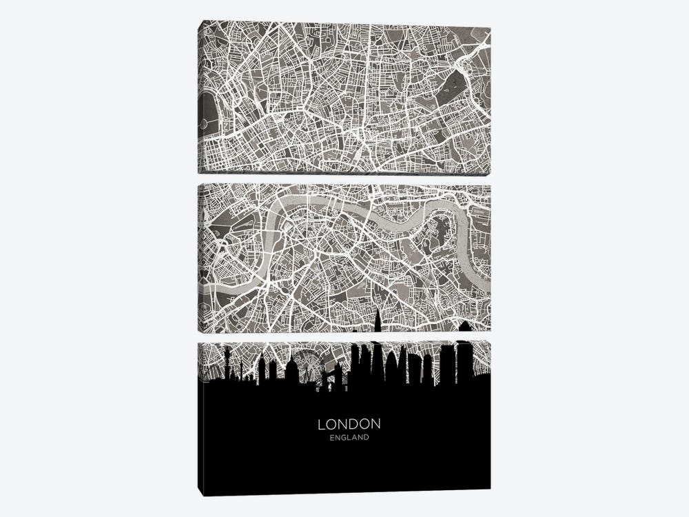 London Skyline Map B&W by Michael Tompsett 3-piece Canvas Art