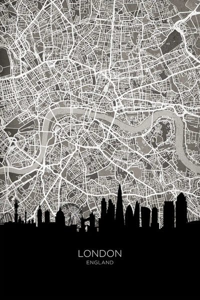 London Maps: London Skyline Map B&W by Michael Tompsett