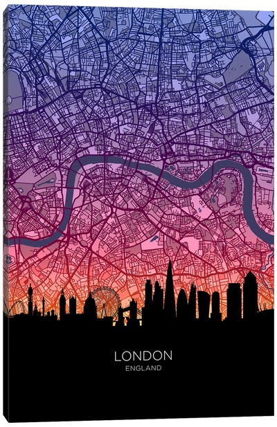 London Skyline Map Sunset Canvas Art Print - London Maps