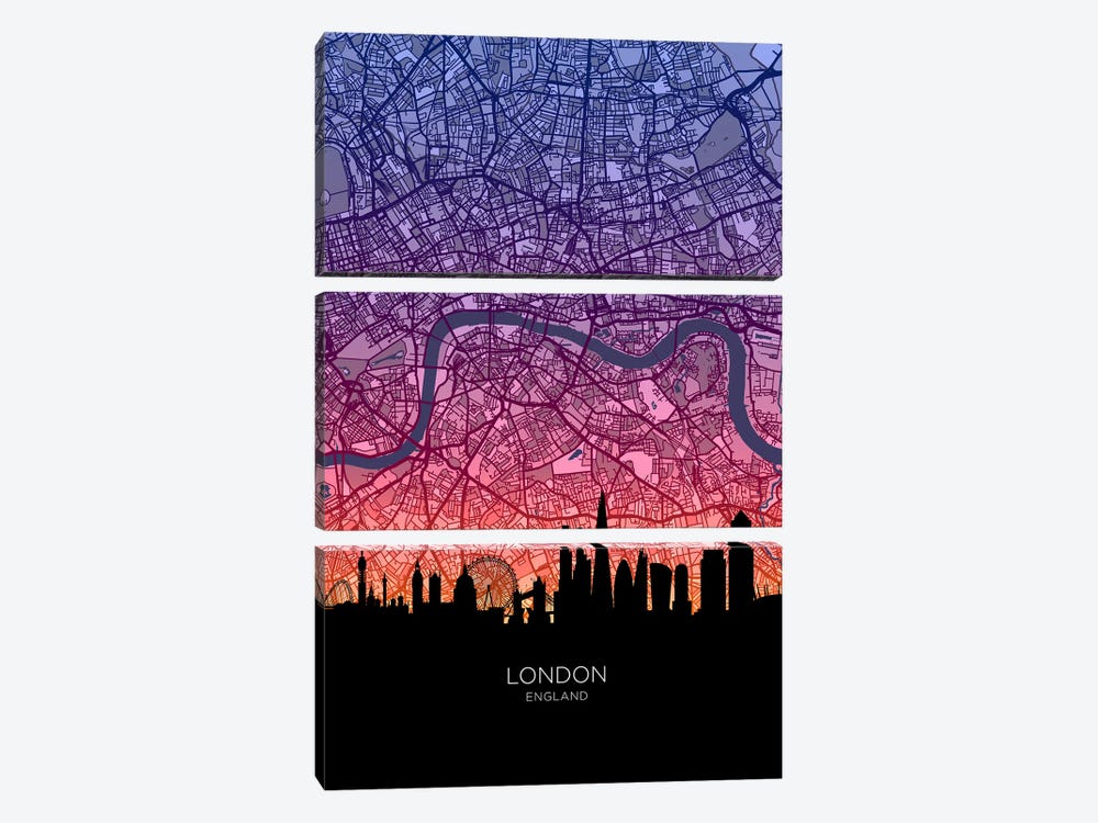 London Skyline Map Sunset by Michael Tompsett 3-piece Canvas Artwork