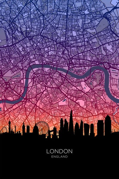 London Maps: London Skyline Map Sunset by Michael Tompsett