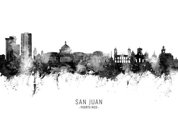 Michael Tompsett: San Juan Puerto Rico Skyline Name B&W by Michael Tompsett