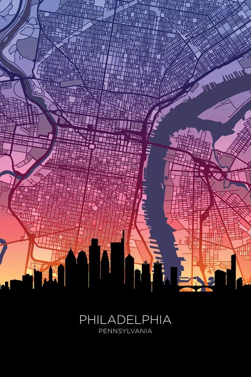 Philadelphia Skyline Map Sunset by Michael Tompsett wall art