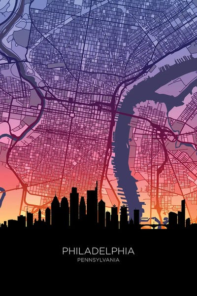 Philadelphia Maps: Philadelphia Skyline Map Sunset by Michael Tompsett