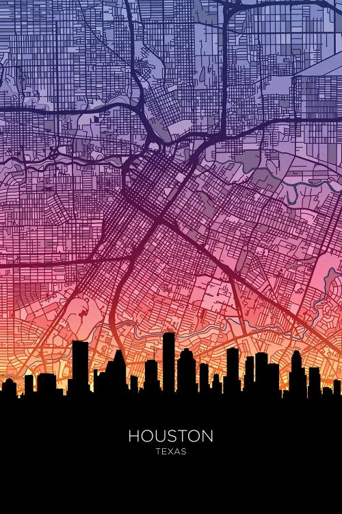 Houston Skyline Map Sunset by Michael Tompsett wall art